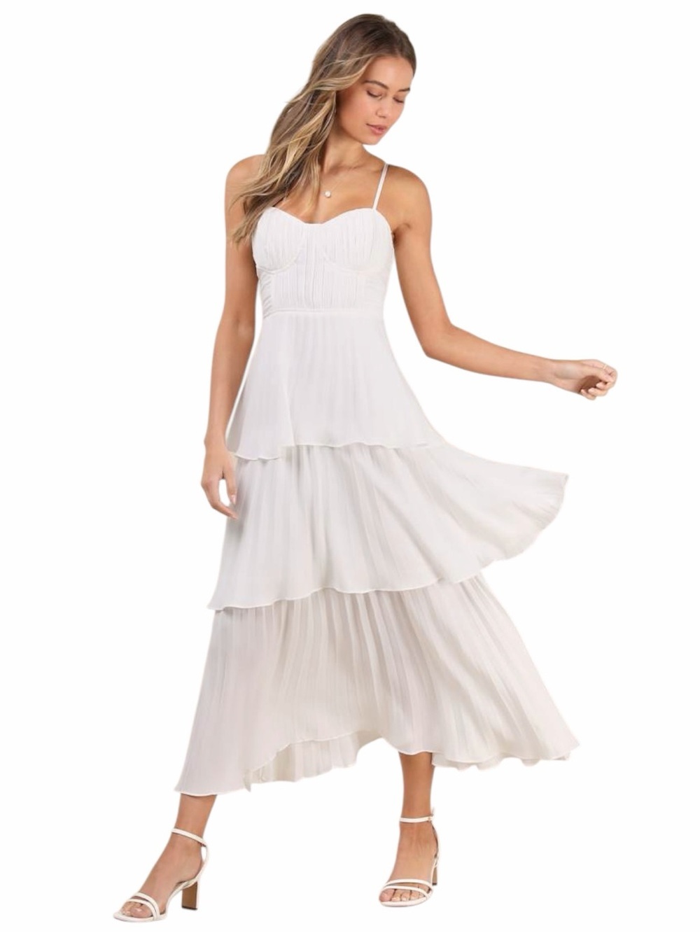Lulus White Cascading Crush Tiered Bustier Midi Dress Womens M